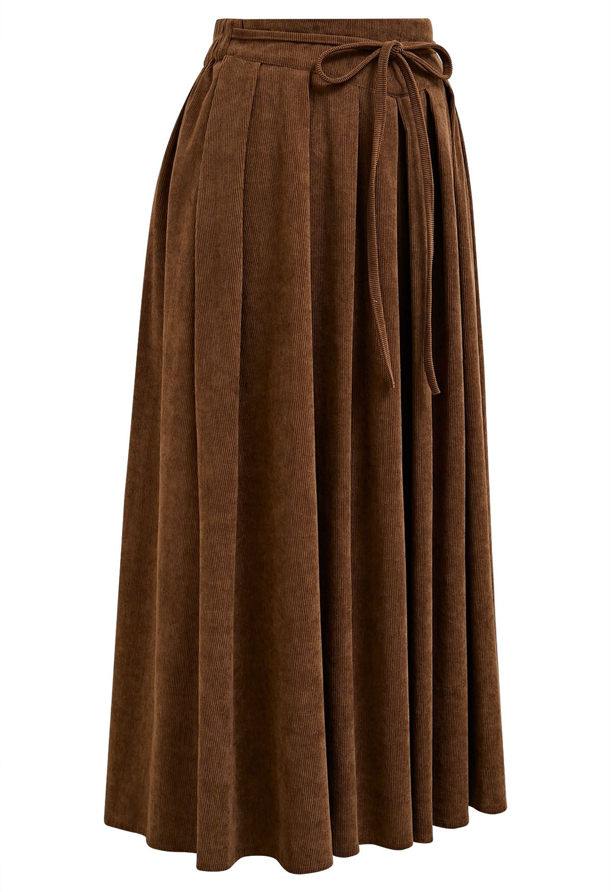 Tie-Waist Pleated Corduroy Midi Skirt in Caramel