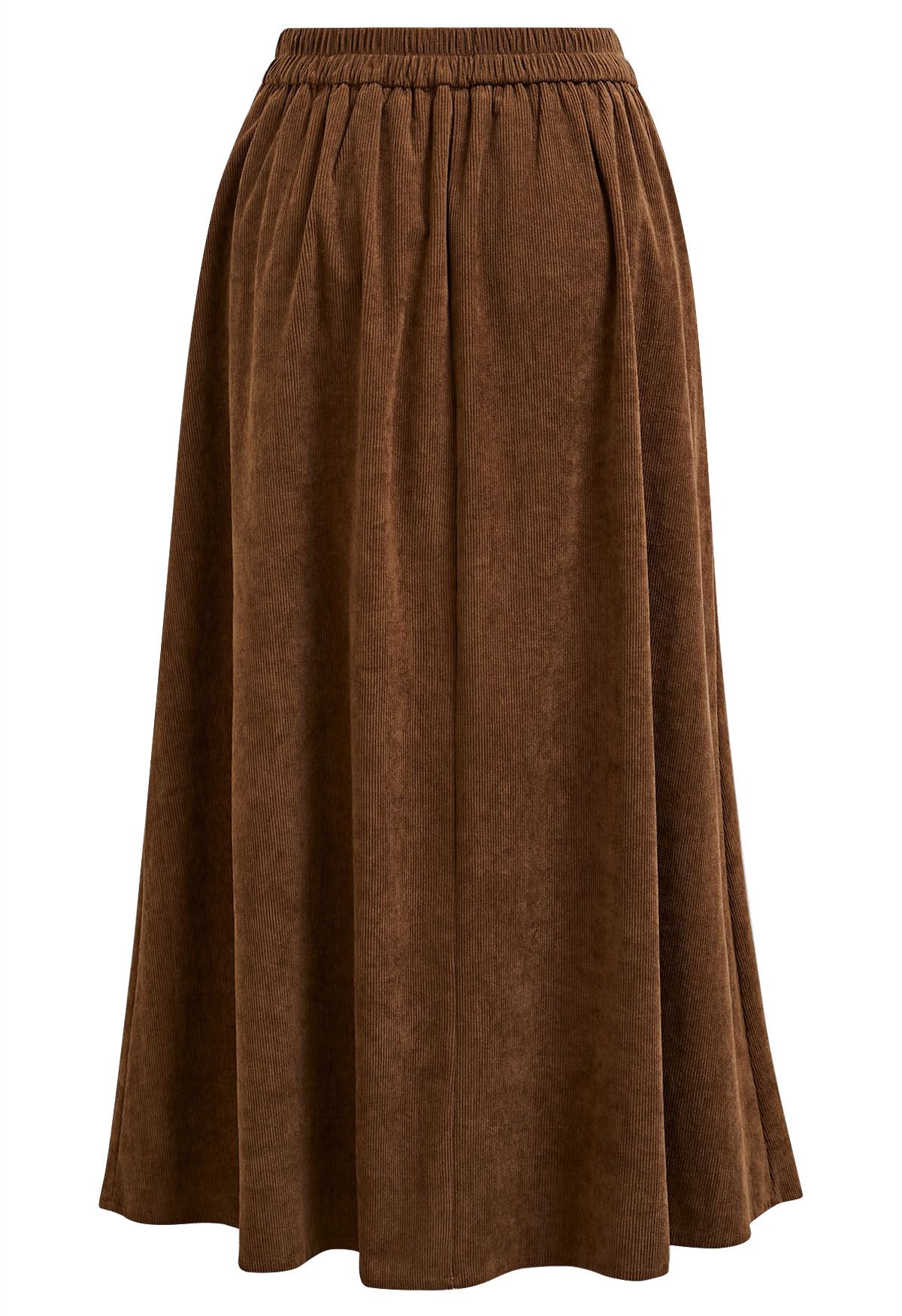 Tie-Waist Pleated Corduroy Midi Skirt in Caramel