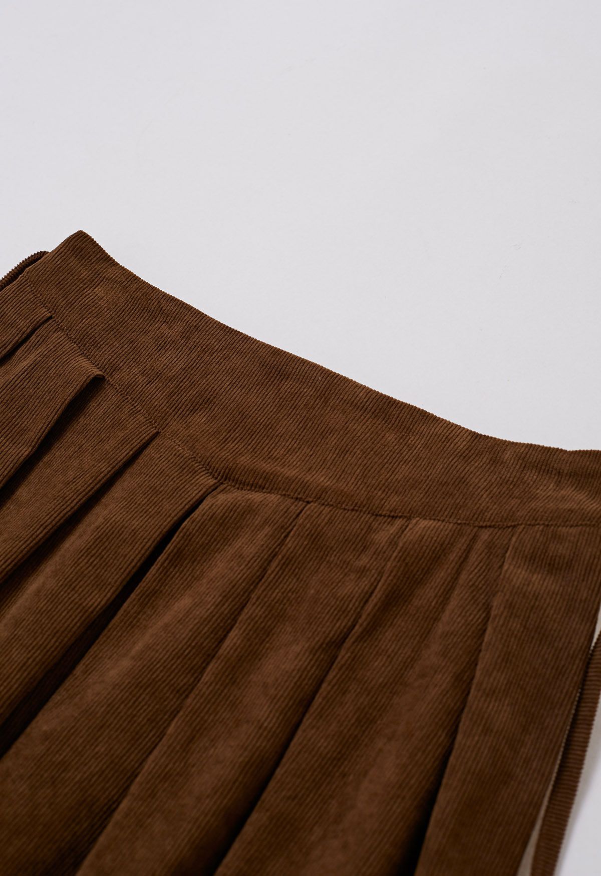 Tie-Waist Pleated Corduroy Midi Skirt in Caramel