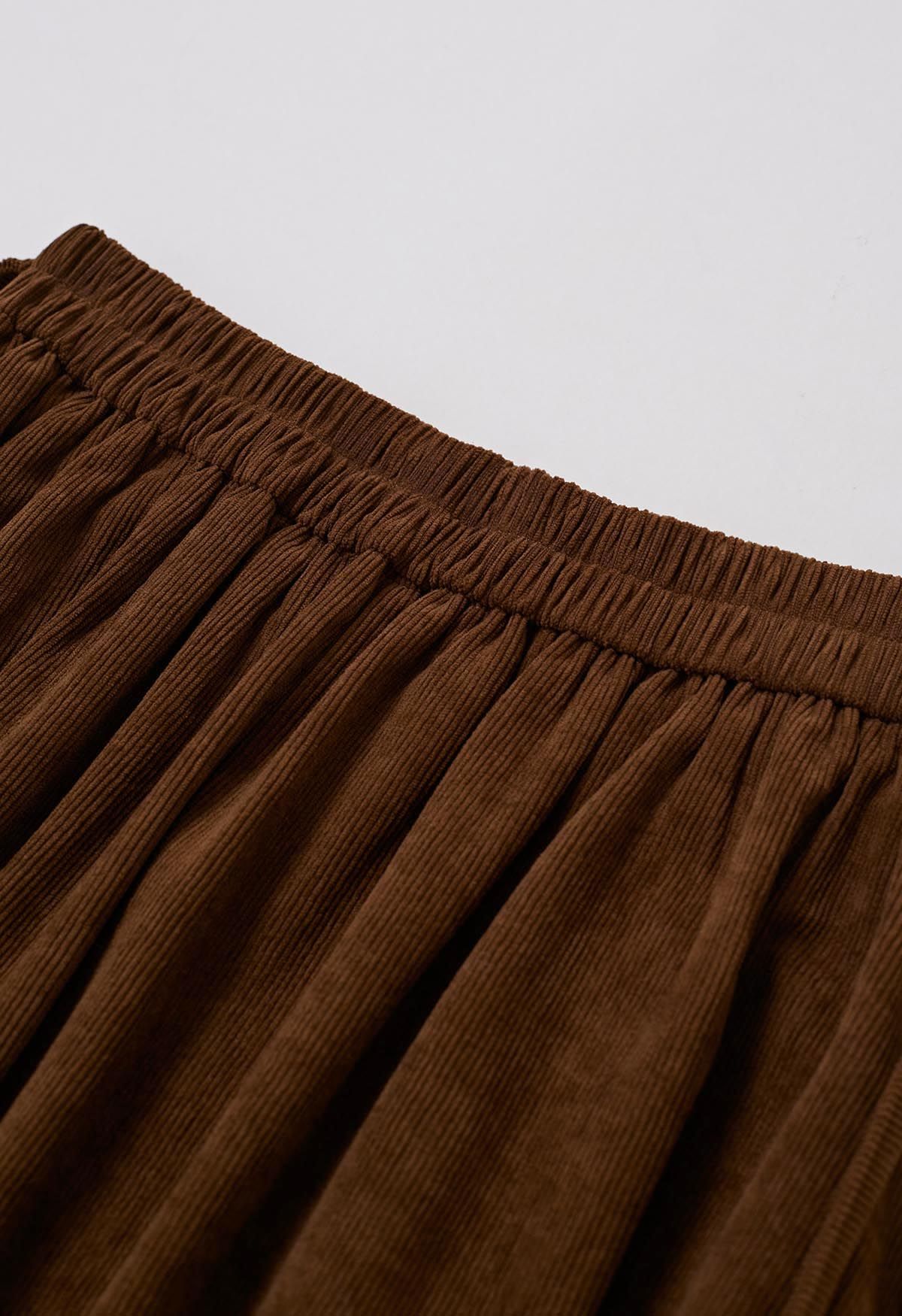 Tie-Waist Pleated Corduroy Midi Skirt in Caramel