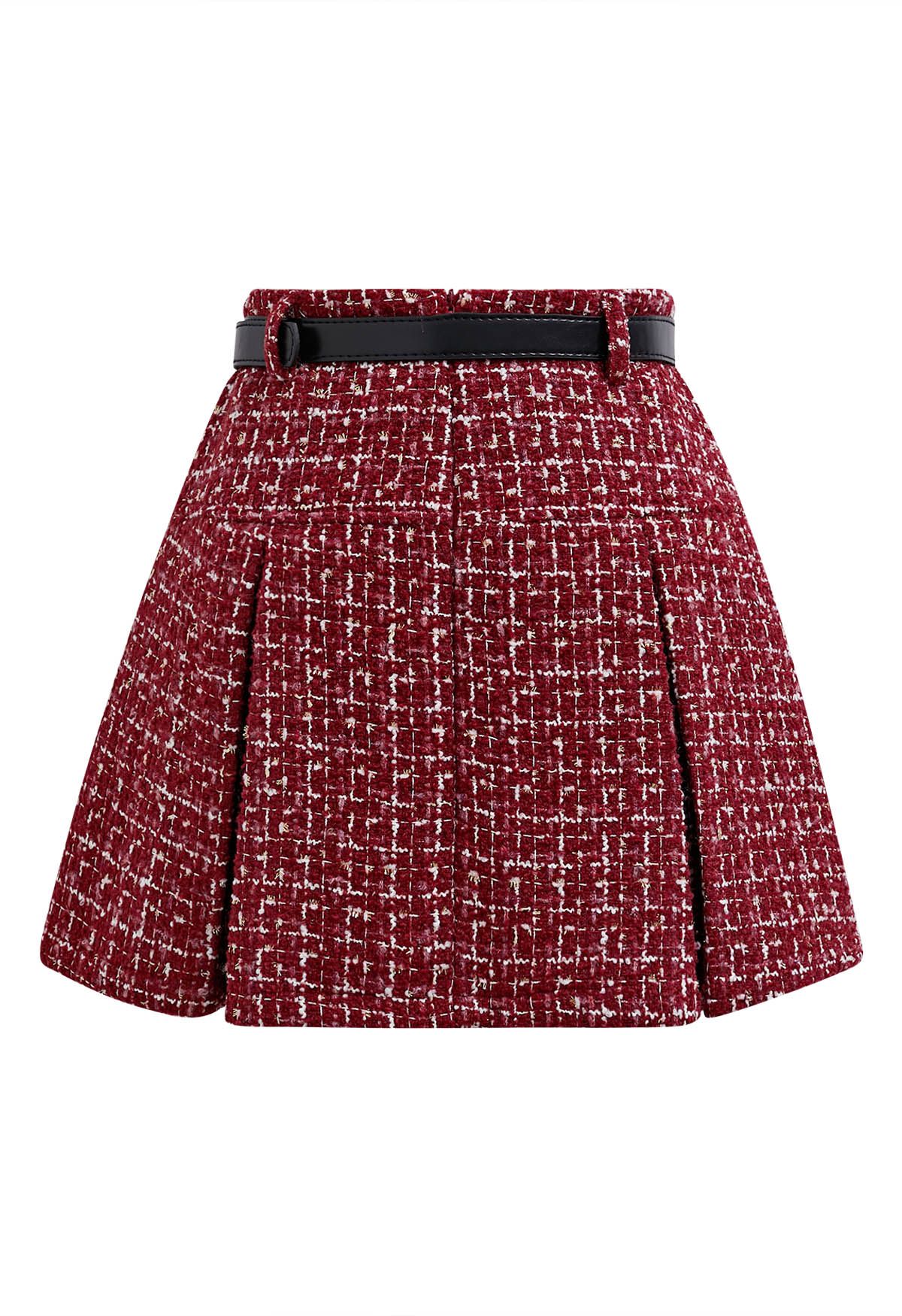 Metallic Tassel Grid Tweed Pleated Skirt with Belt in Red