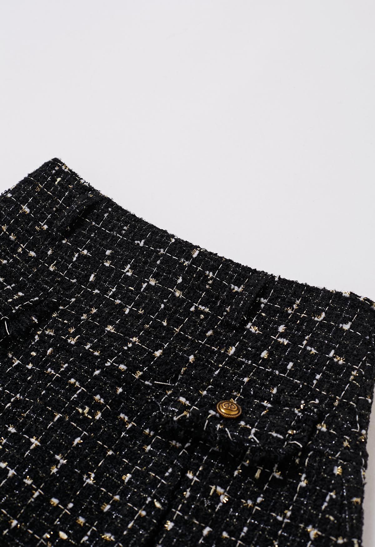 Metallic Tassel Grid Tweed Pleated Skirt with Belt in Black - Retro ...
