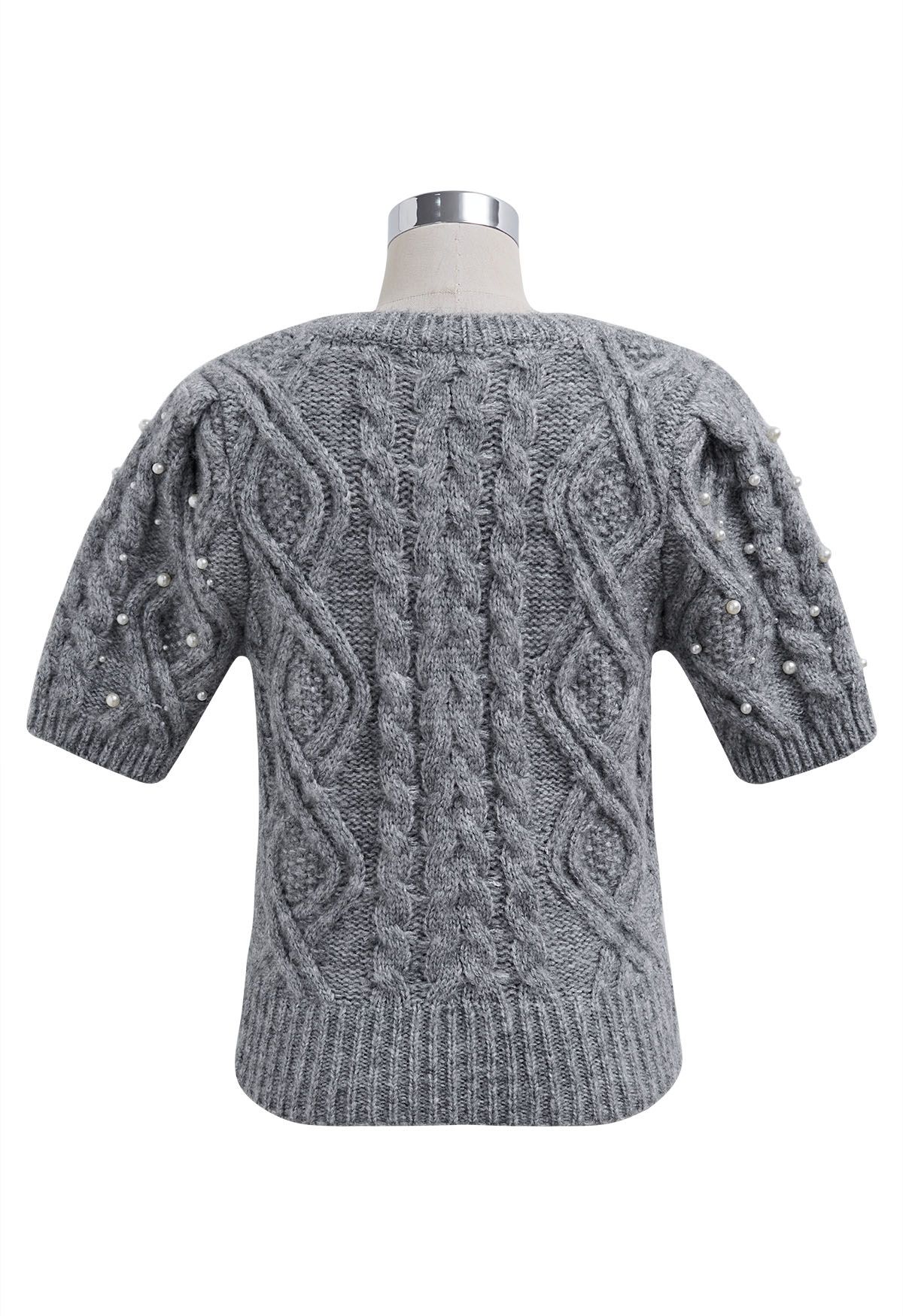 Pearly Short Sleeve Cable Knit Sweater in Grey Retro, Indie and