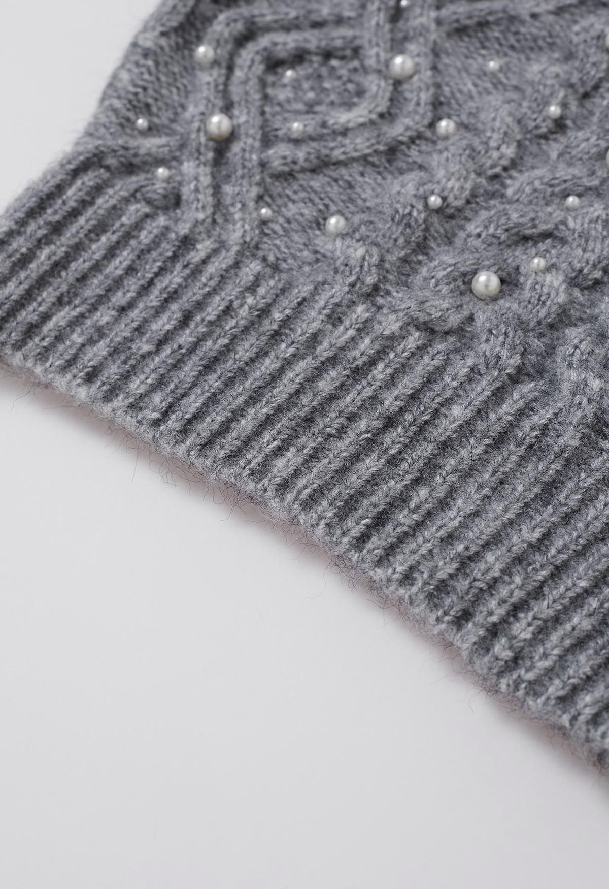 Pearly Short Sleeve Cable Knit Sweater in Grey