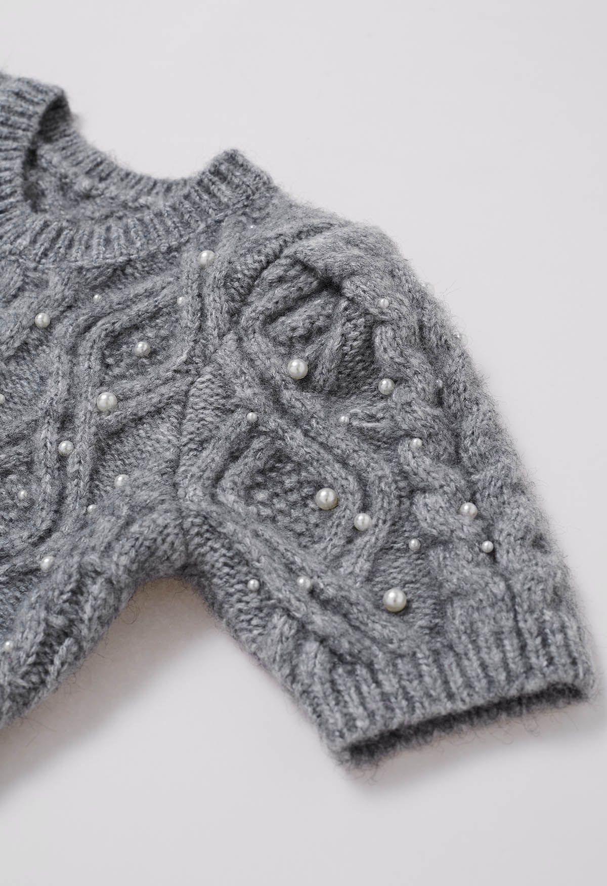 Pearly Short Sleeve Cable Knit Sweater in Grey