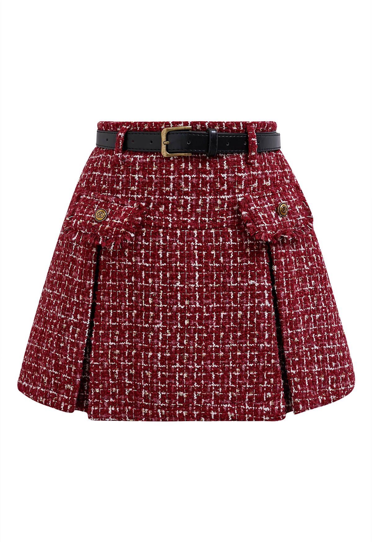 Metallic Tassel Grid Tweed Pleated Skirt with Belt in Red