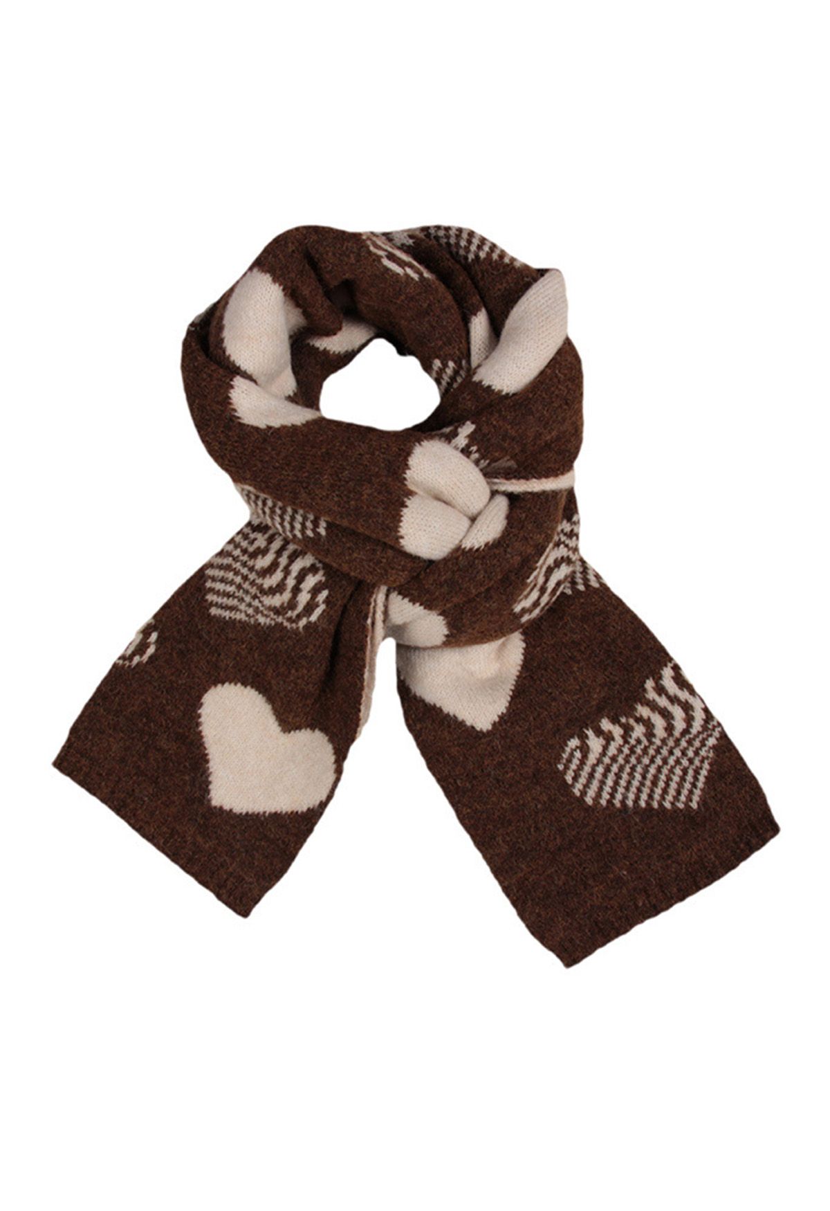 Heart Pattern Soft Knit Scarf in Brown