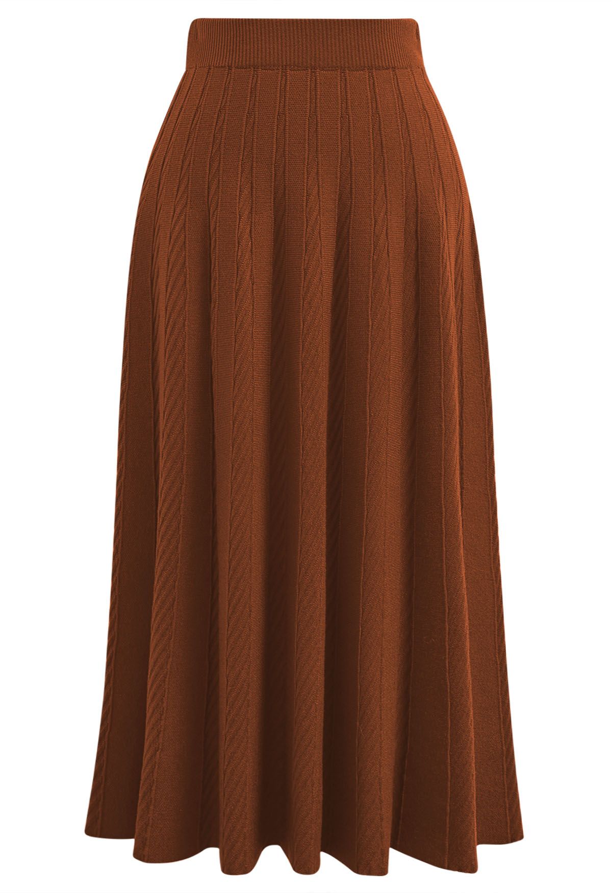 Diagonal Ribbed Pleated Knit Skirt in Caramel