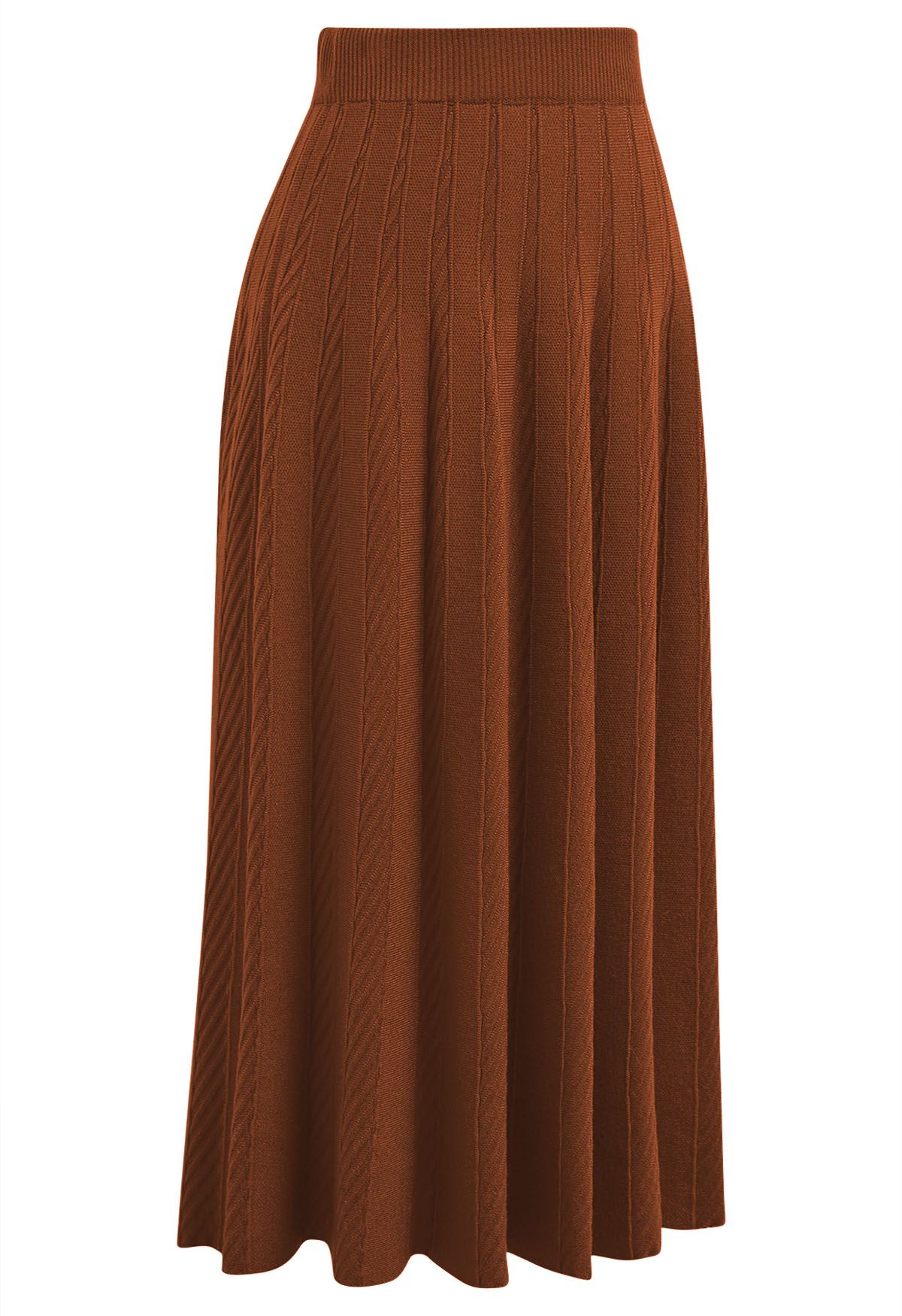 Diagonal Ribbed Pleated Knit Skirt in Caramel