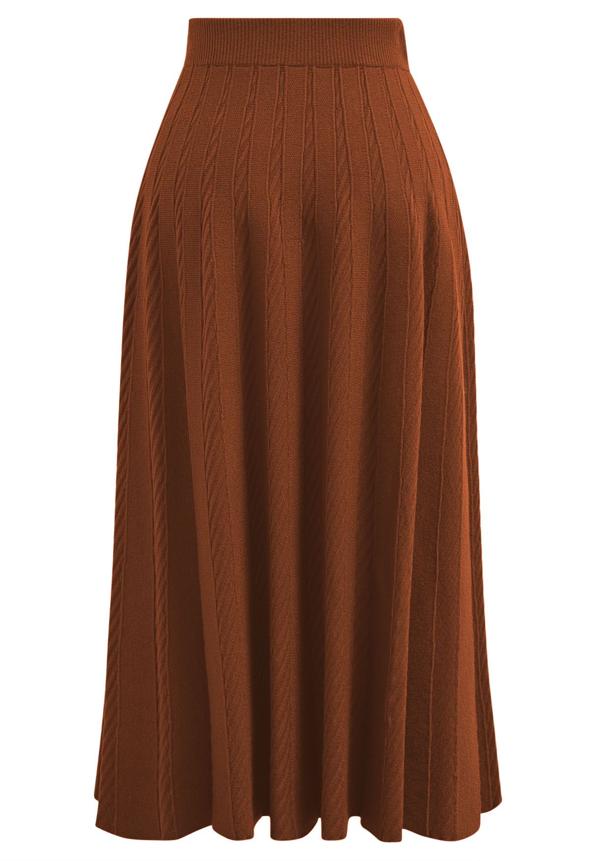 Diagonal Ribbed Pleated Knit Skirt in Caramel