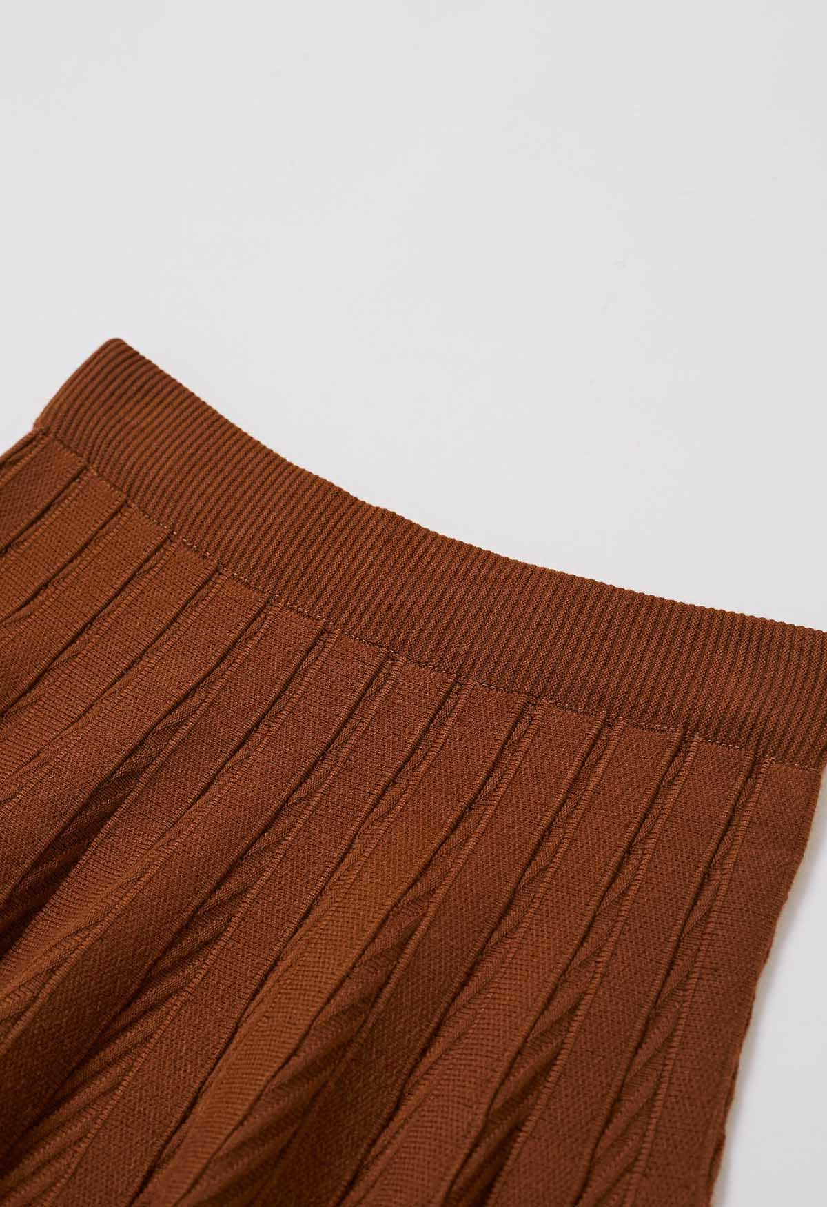 Diagonal Ribbed Pleated Knit Skirt in Caramel