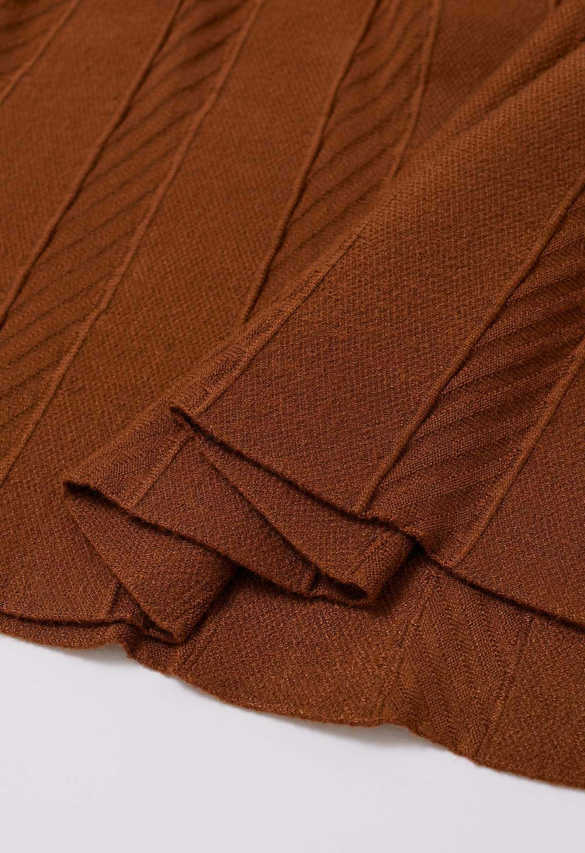 Diagonal Ribbed Pleated Knit Skirt in Caramel