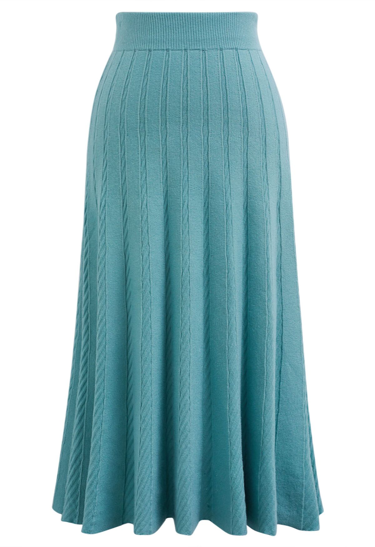 Diagonal Ribbed Pleated Knit Skirt in Blue