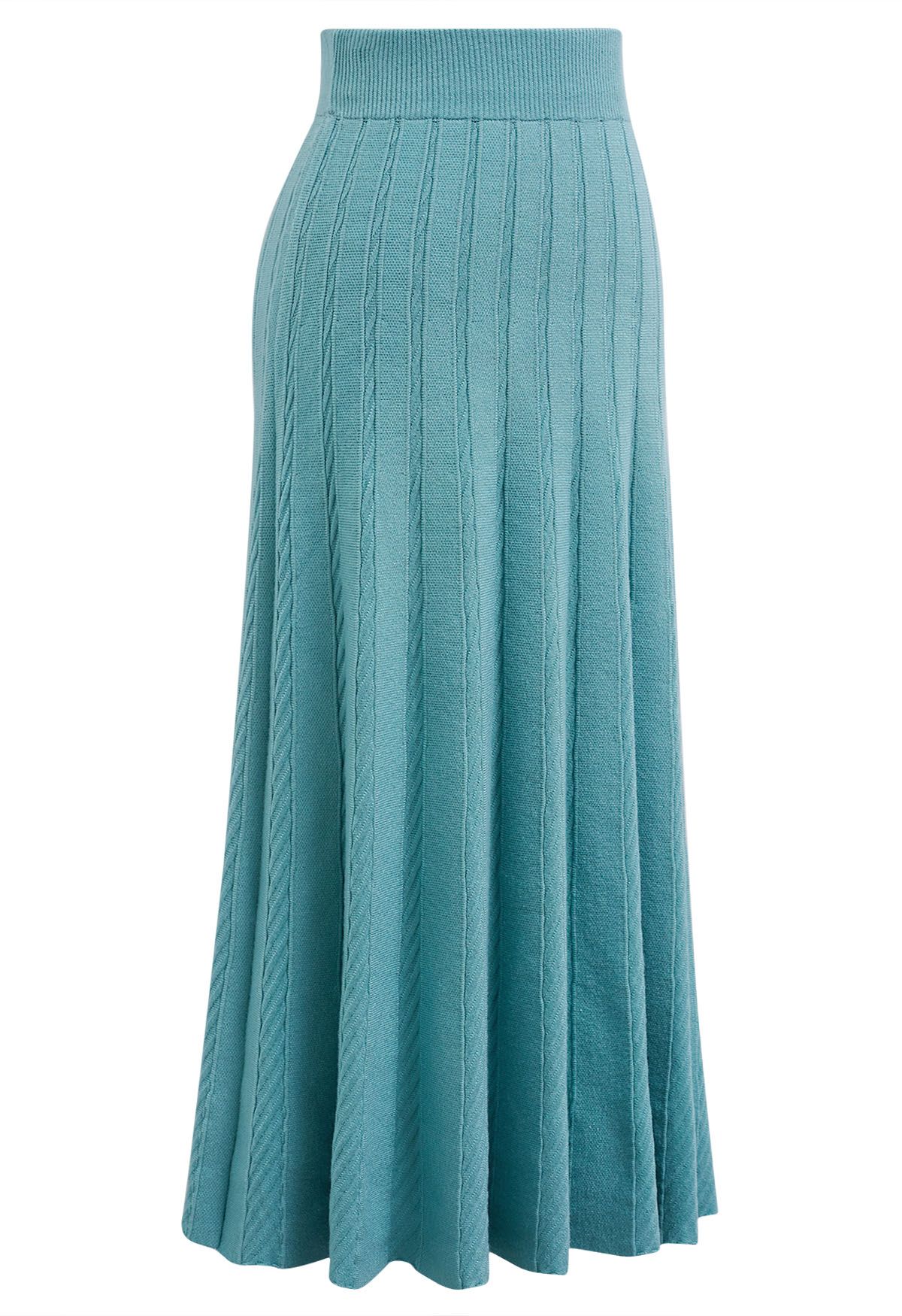 Diagonal Ribbed Pleated Knit Skirt in Blue