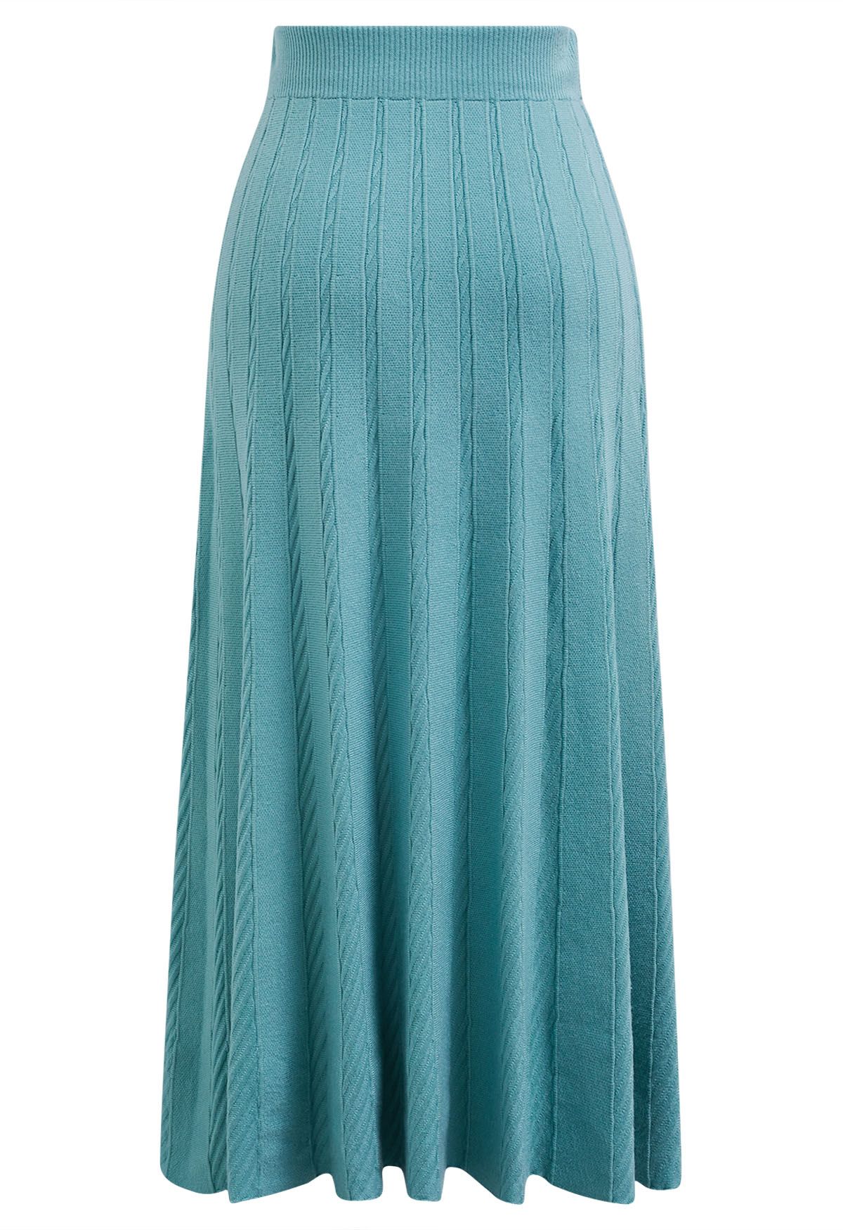 Diagonal Ribbed Pleated Knit Skirt in Blue