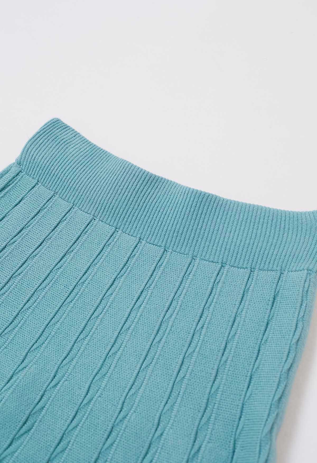 Diagonal Ribbed Pleated Knit Skirt in Blue