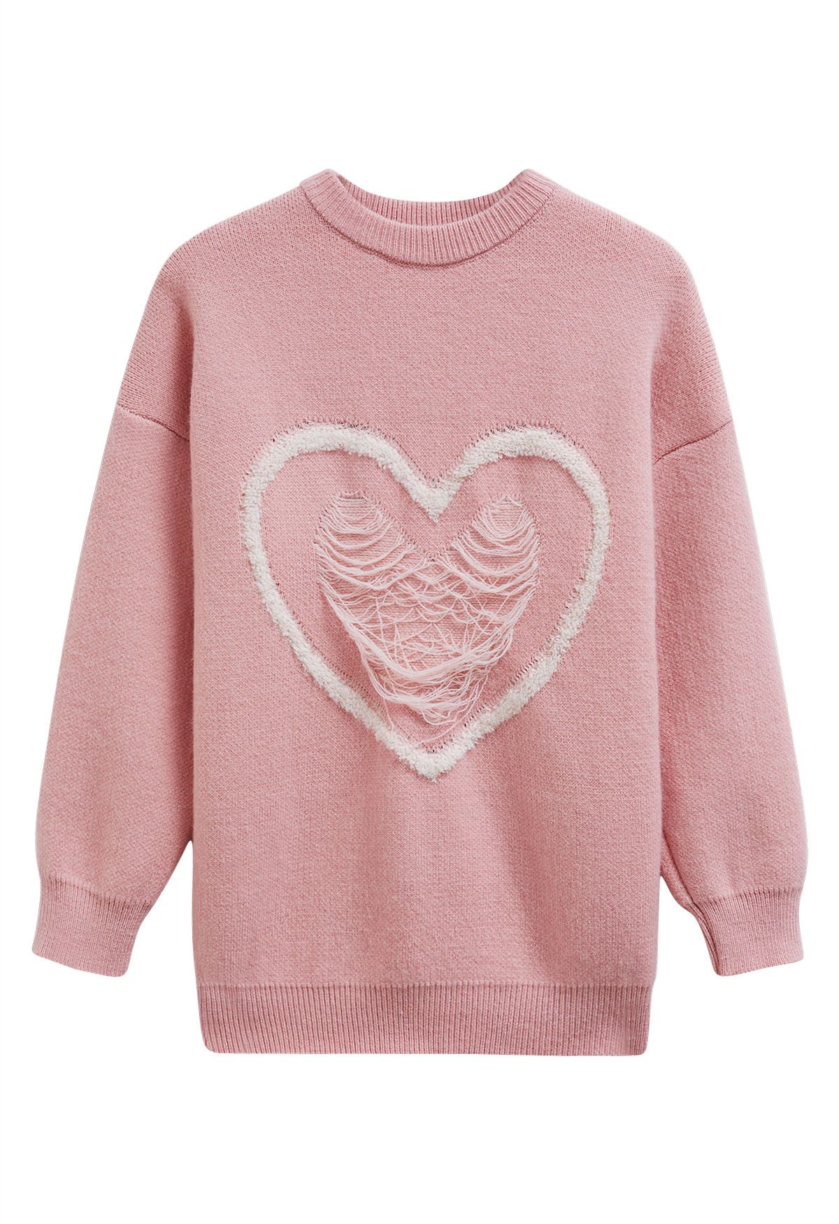 Ripped Heart Snug Knit Sweater in Pink