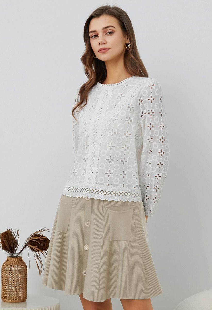 Patch Pockets Button Trim Knit Mini Skirt in Sand