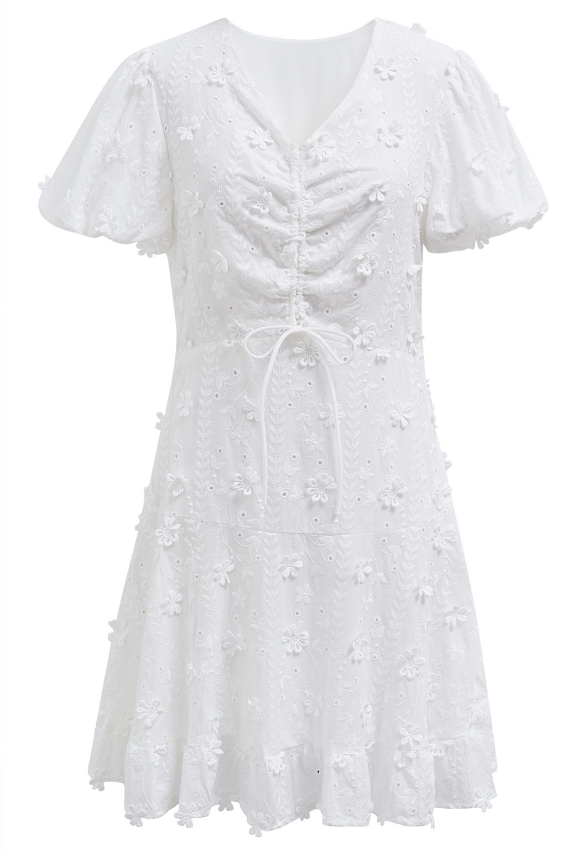 3D Daisy Bubble Sleeve Cotton Mini Dress in White