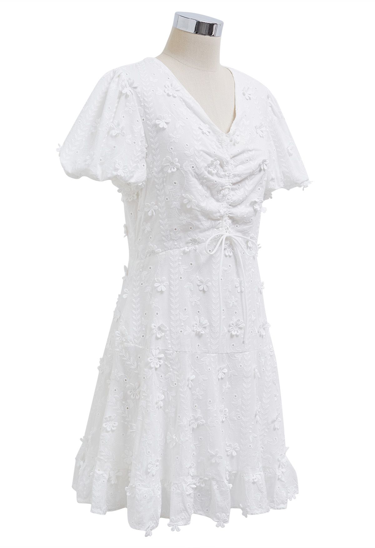 3D Daisy Bubble Sleeve Cotton Mini Dress in White