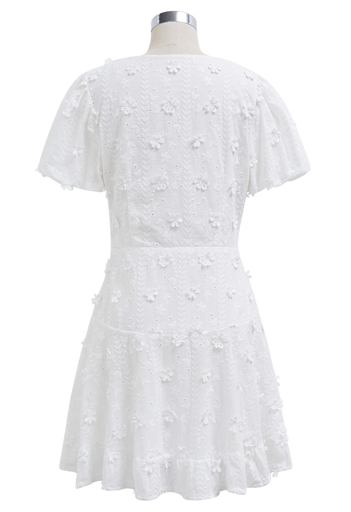 3D Daisy Bubble Sleeve Cotton Mini Dress in White