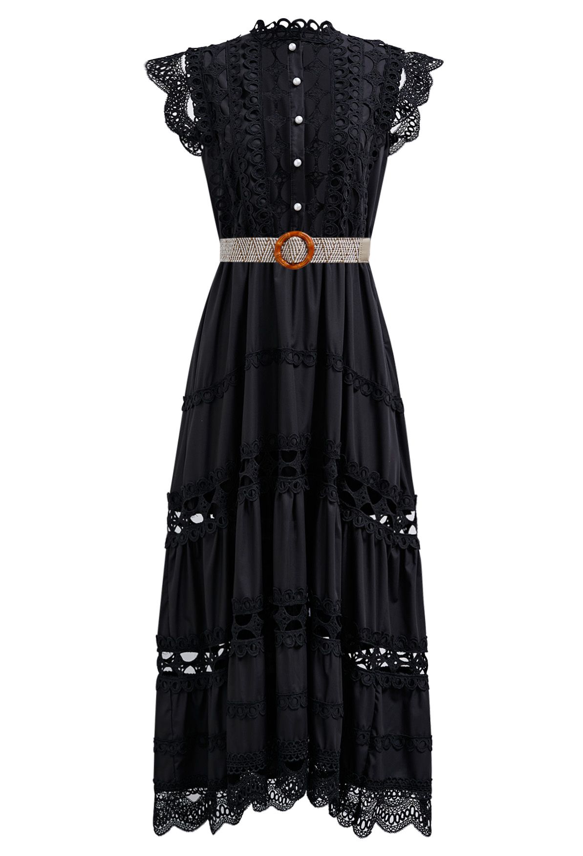 Belted Cutwork Pearly Sleeveless Maxi Dress in Black - Retro, Indie and ...