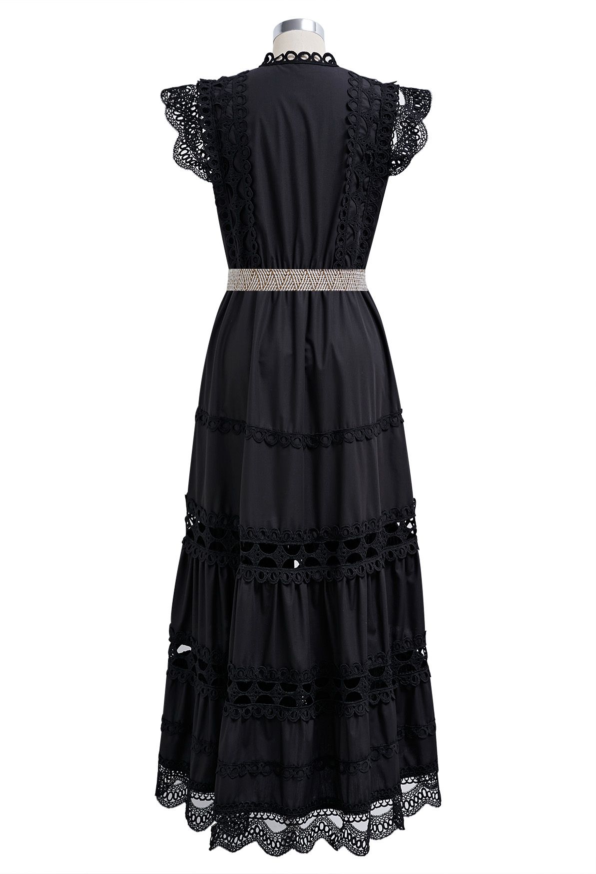 Belted Cutwork Pearly Sleeveless Maxi Dress in Black - Retro, Indie and ...