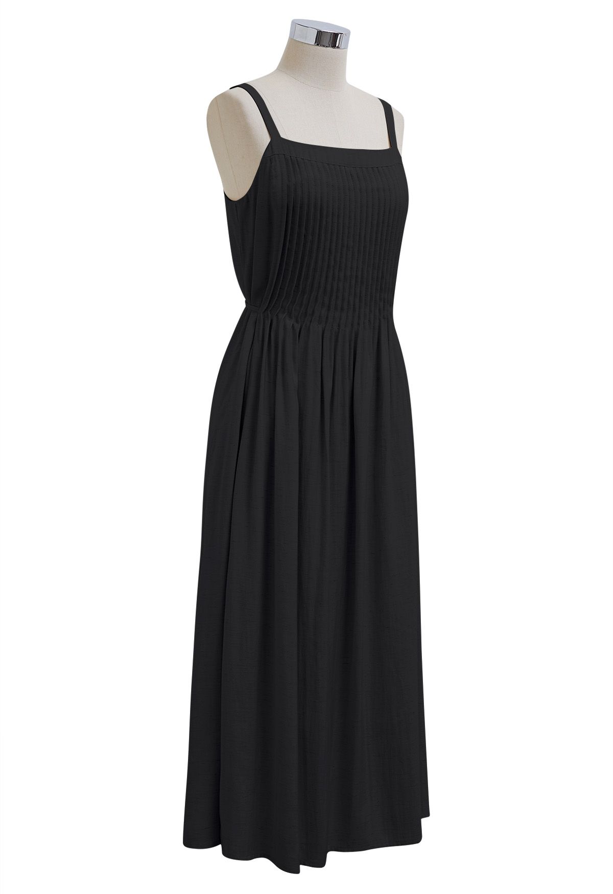 Pintuck Linen-Blend Cami Dress in Black