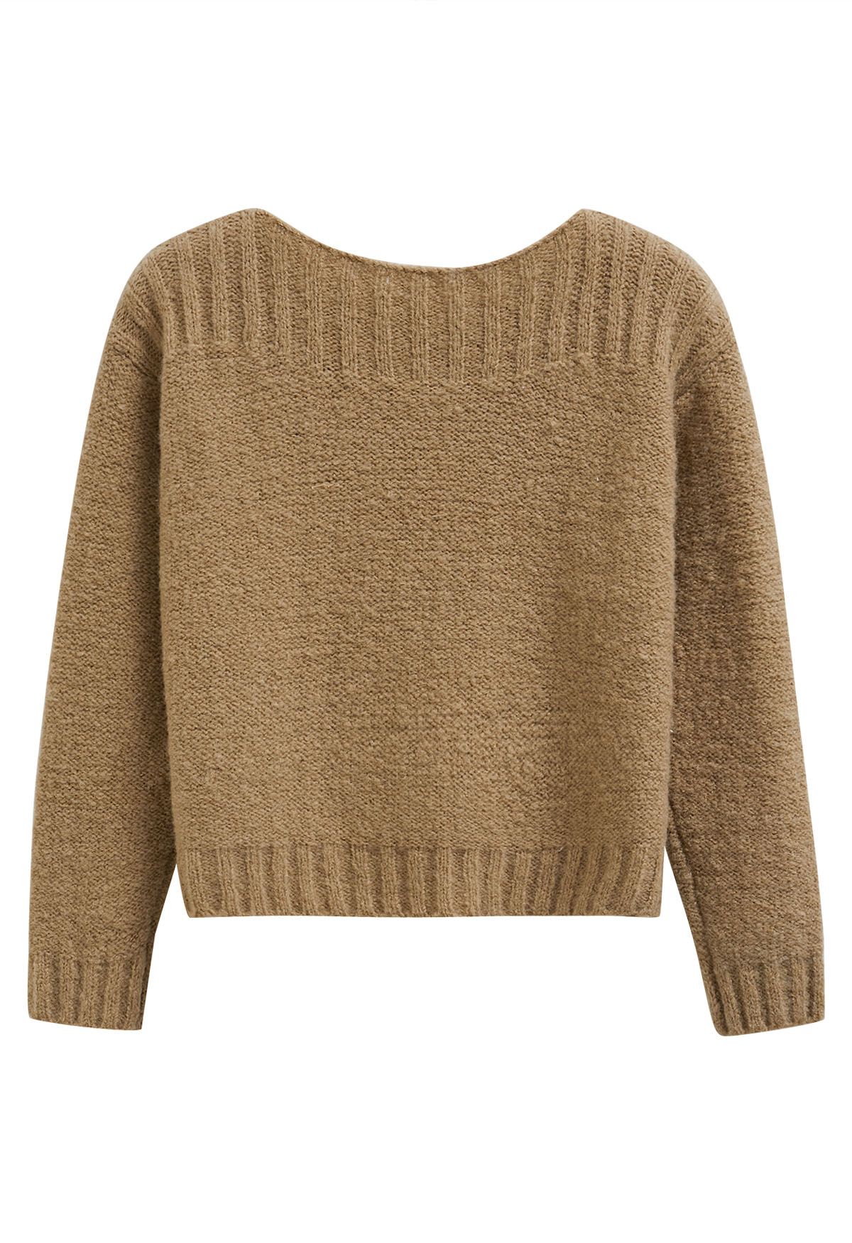 Boat Neck Ribbed Detailing Knit Sweater in Tan