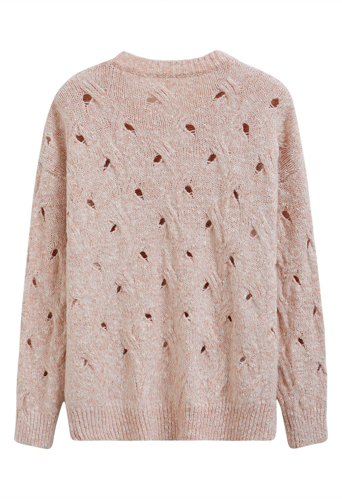 Hollow Out Mix-Color Cable Knit Sweater in Apricot