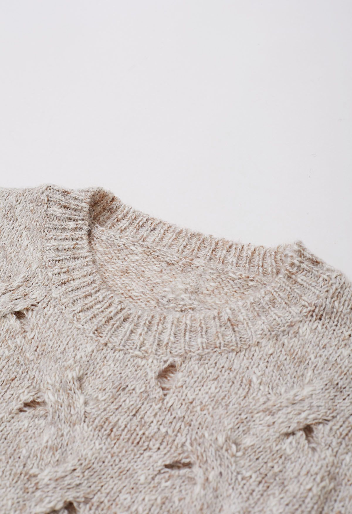 Hollow Out Mix-Color Cable Knit Sweater in Oatmeal