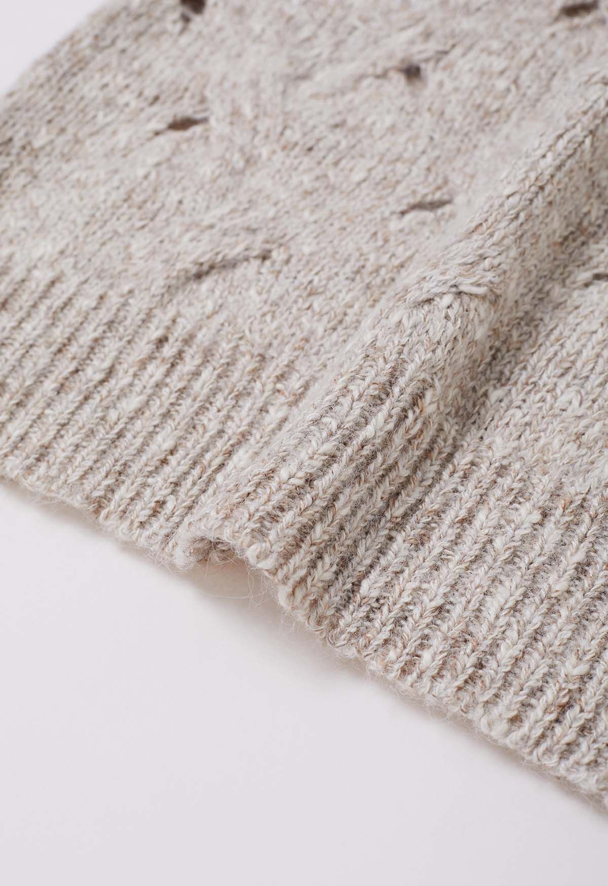 Hollow Out Mix-Color Cable Knit Sweater in Oatmeal