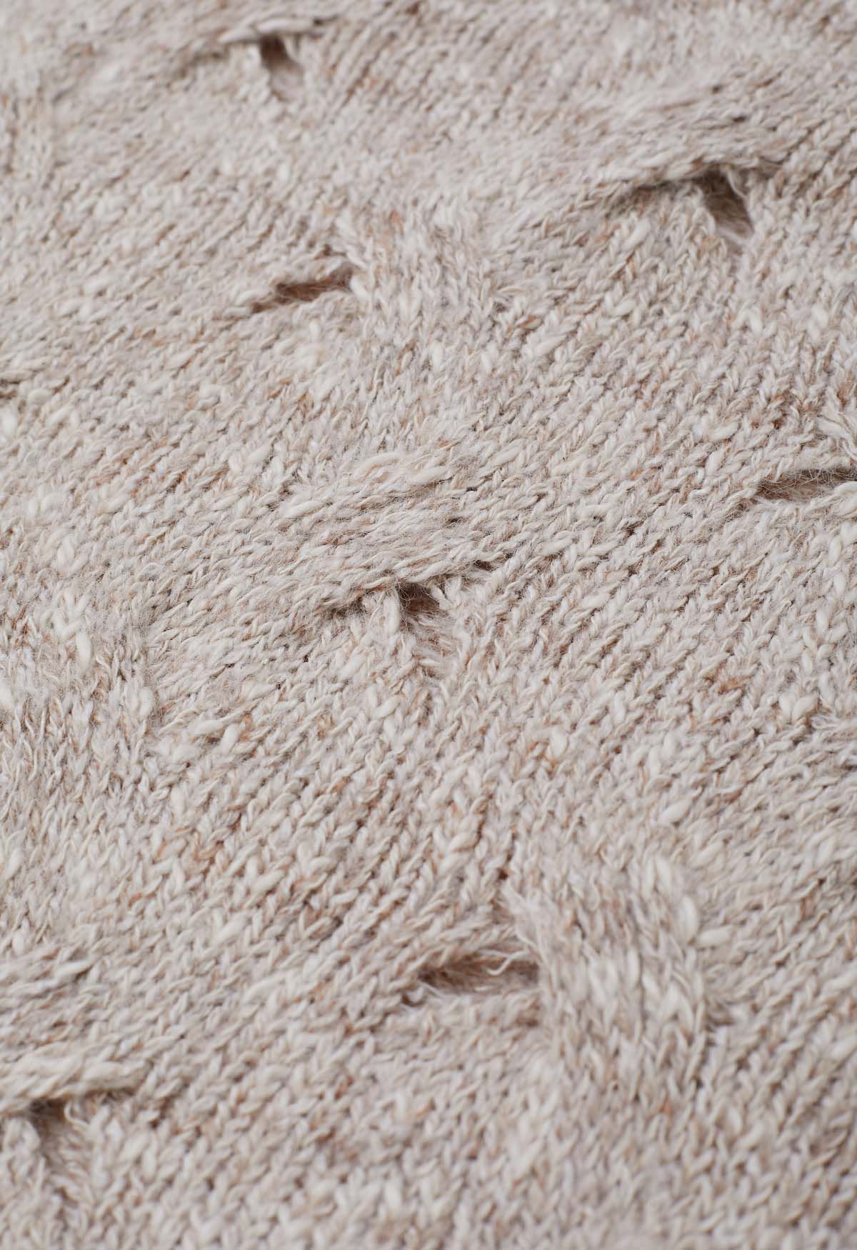 Hollow Out Mix-Color Cable Knit Sweater in Oatmeal