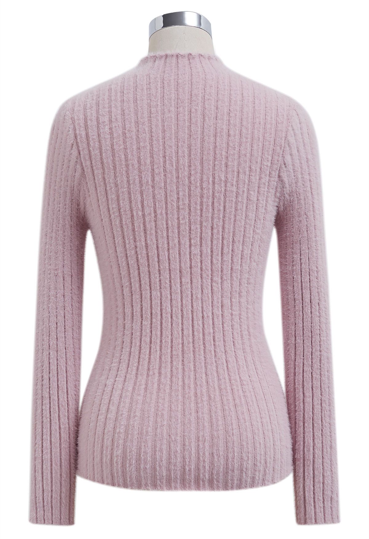 Mock Neck Fuzzy Rib Knit Top in Pink