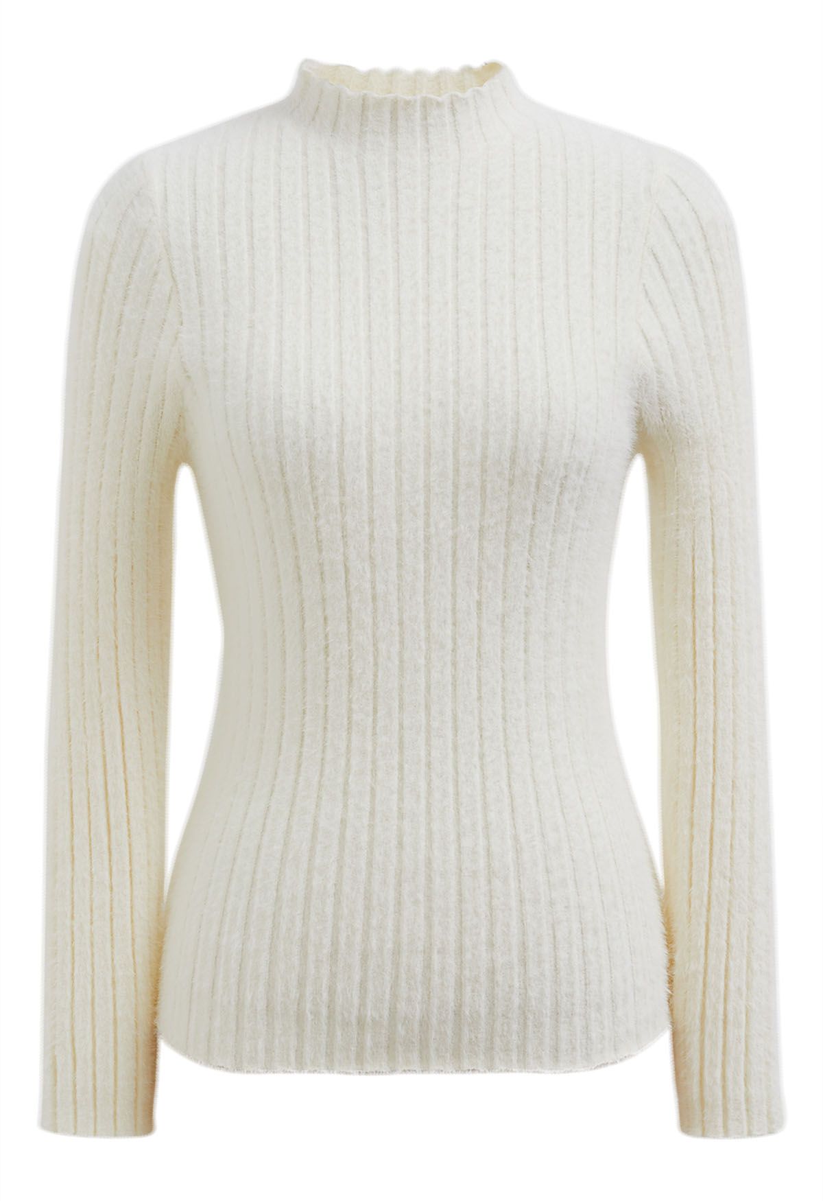 Mock Neck Fuzzy Rib Knit Top in Cream