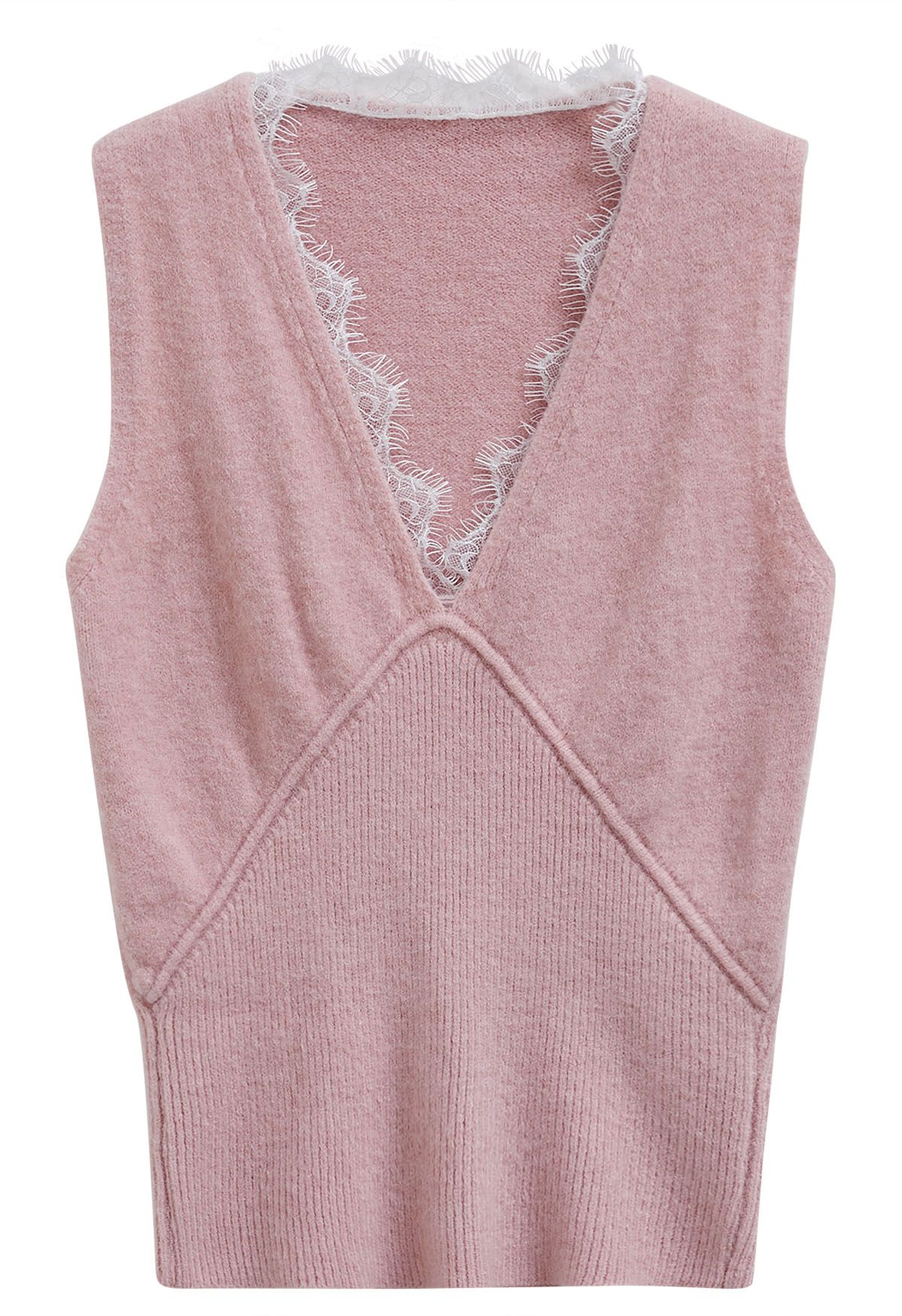 Lacy V-Neck Sleeveless Top and Cardigan Set in Pink