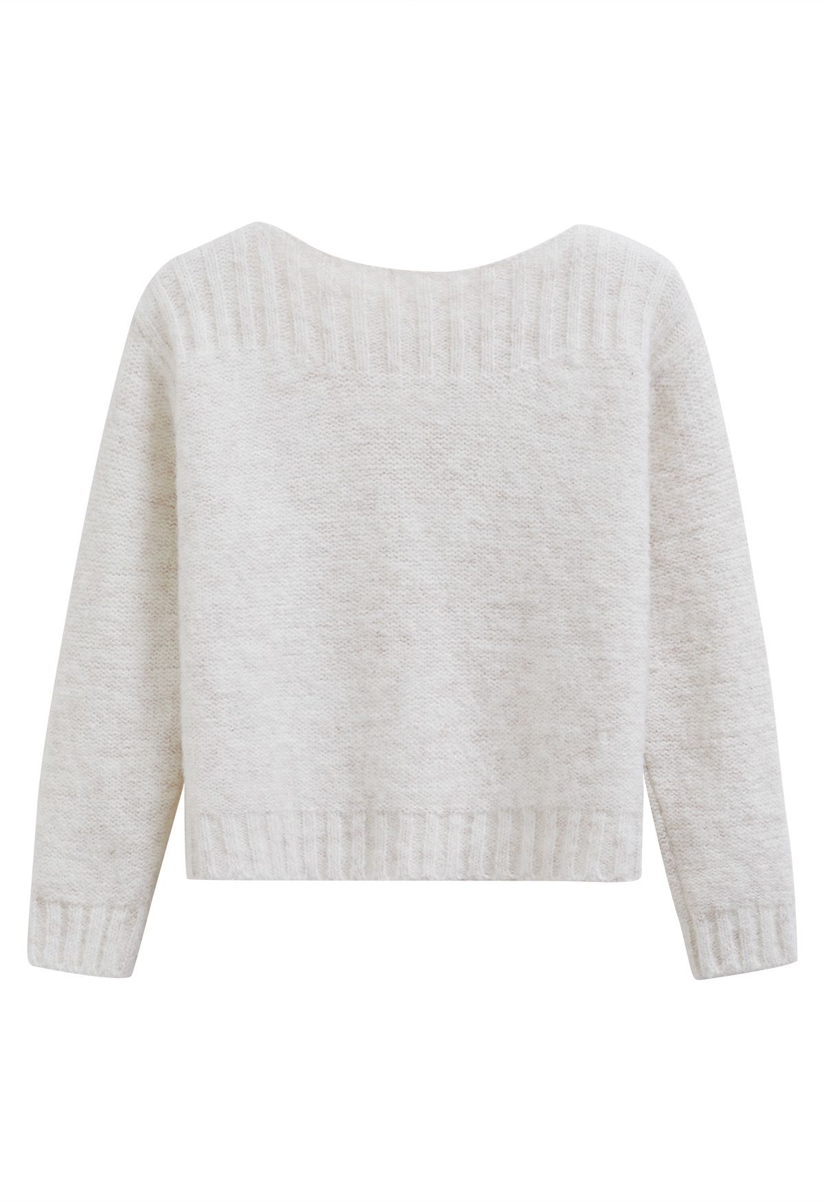 Boat Neck Ribbed Detailing Knit Sweater in White