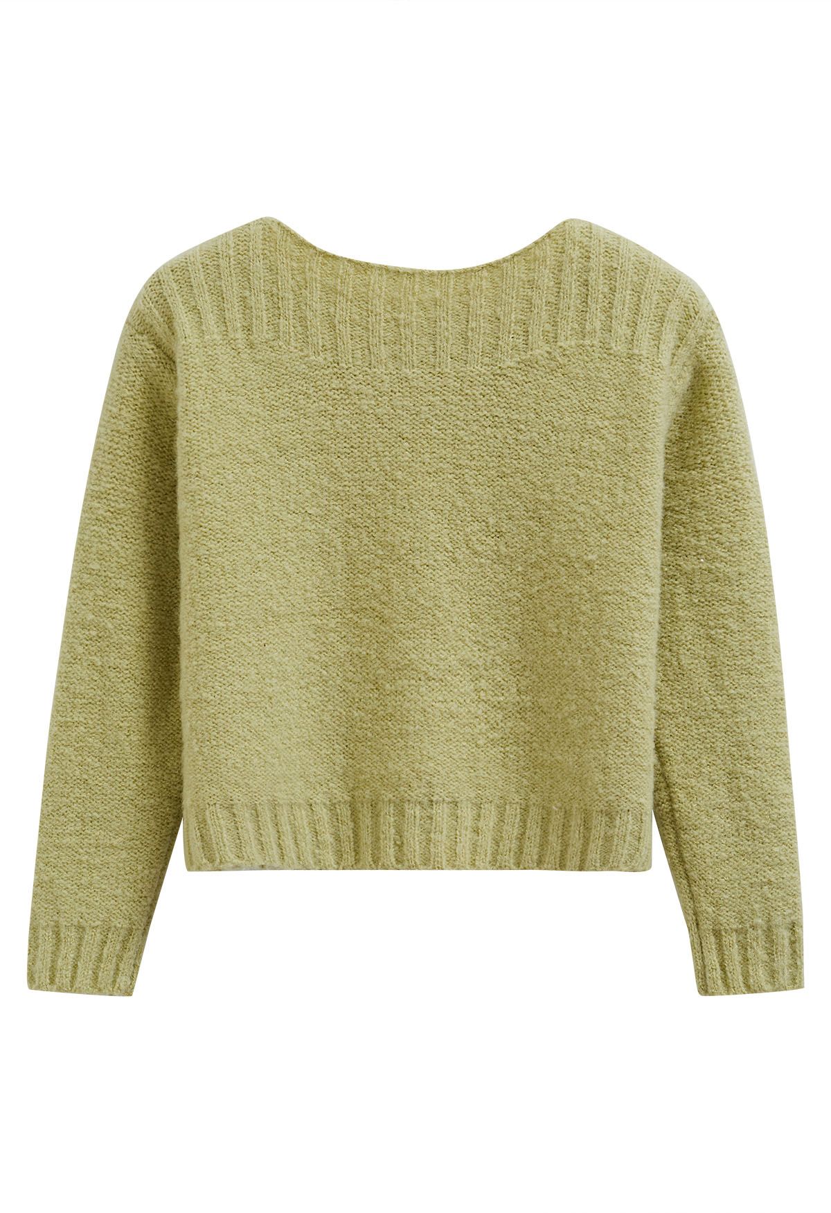 Boat Neck Ribbed Detailing Knit Sweater in Lime