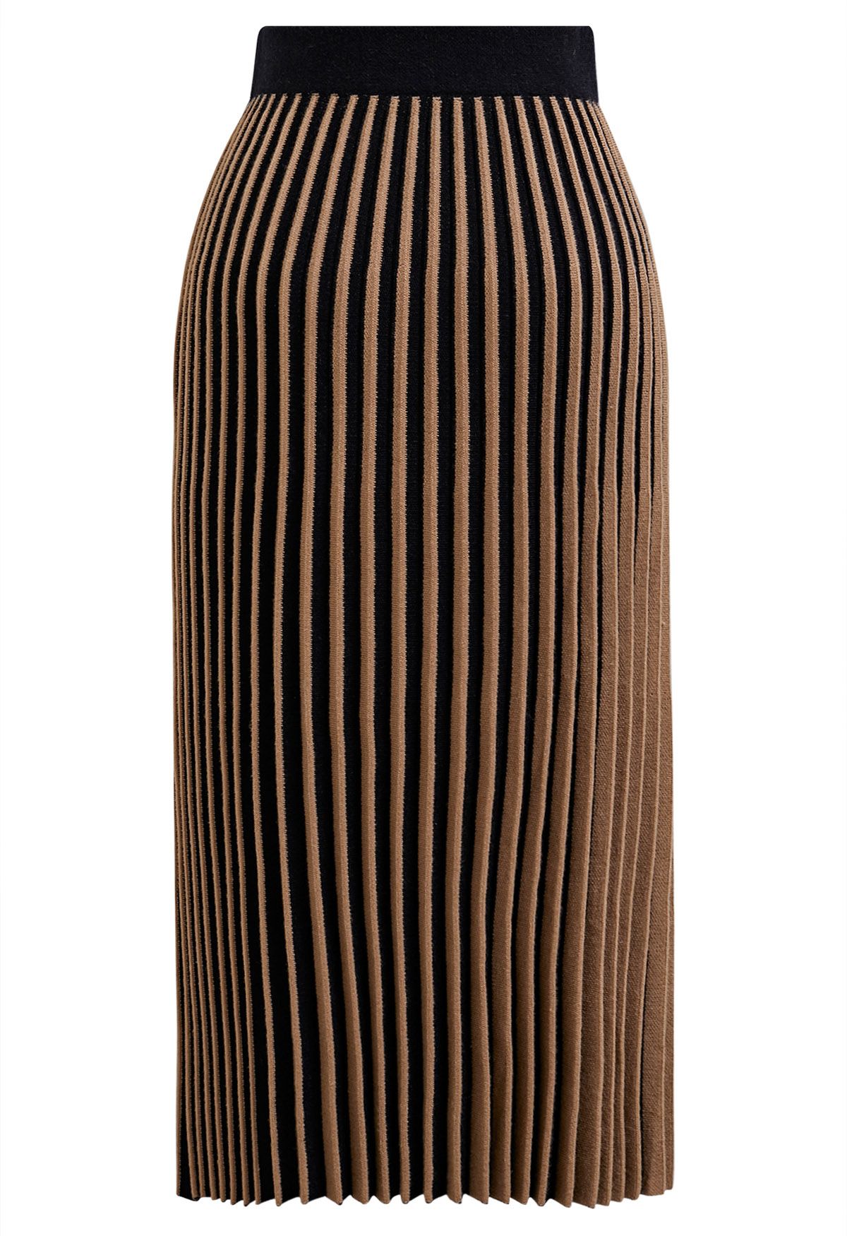 Belt Decorated Striped Pleated Knit Skirt in Tan