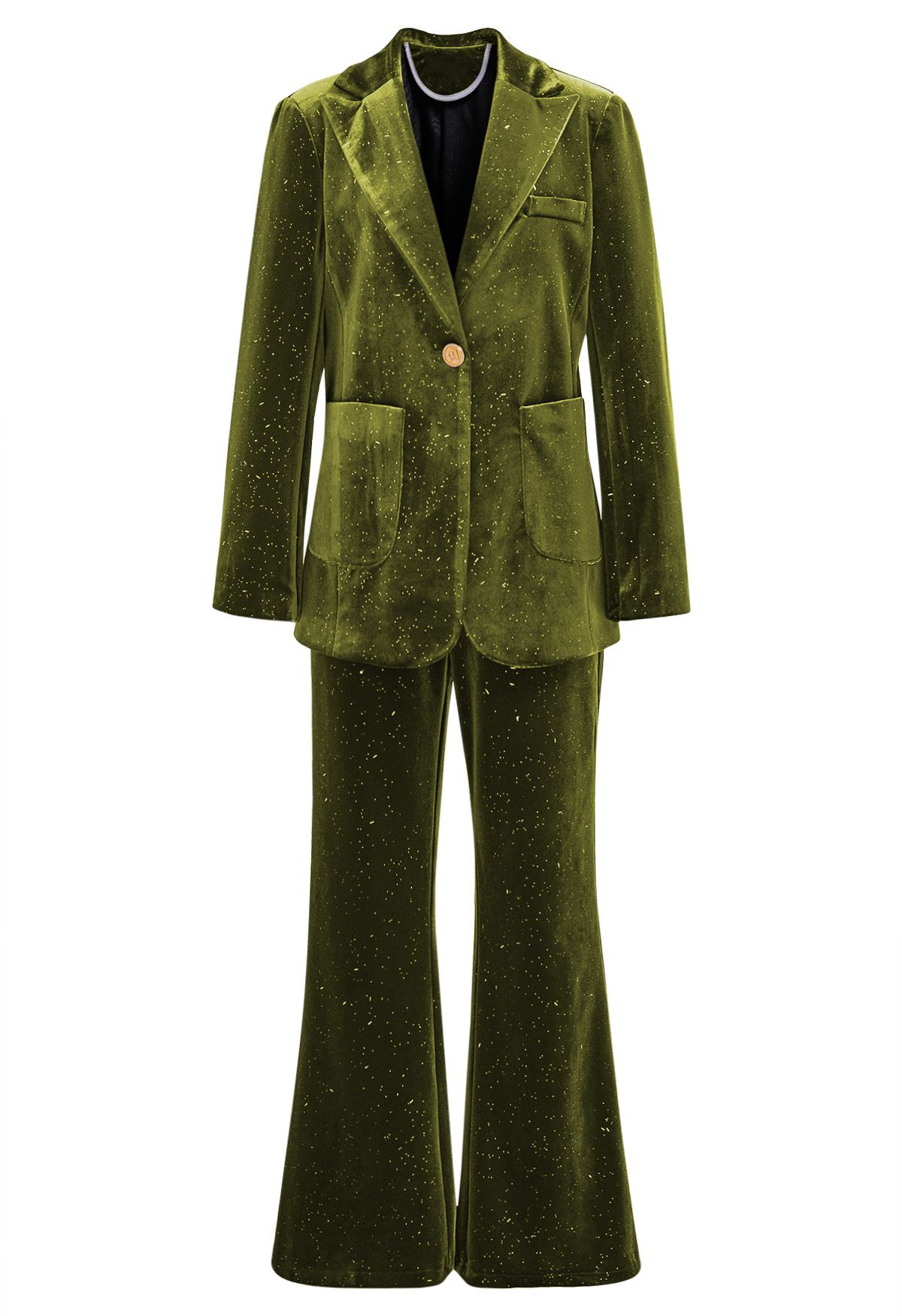 Glittering Peaked Lapel Velvet Blazer and Pants Set in Moss Green