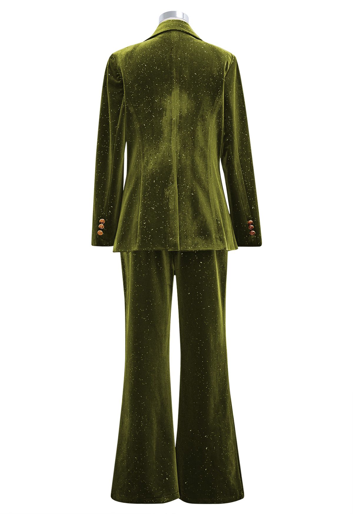 Glittering Peaked Lapel Velvet Blazer and Pants Set in Moss Green