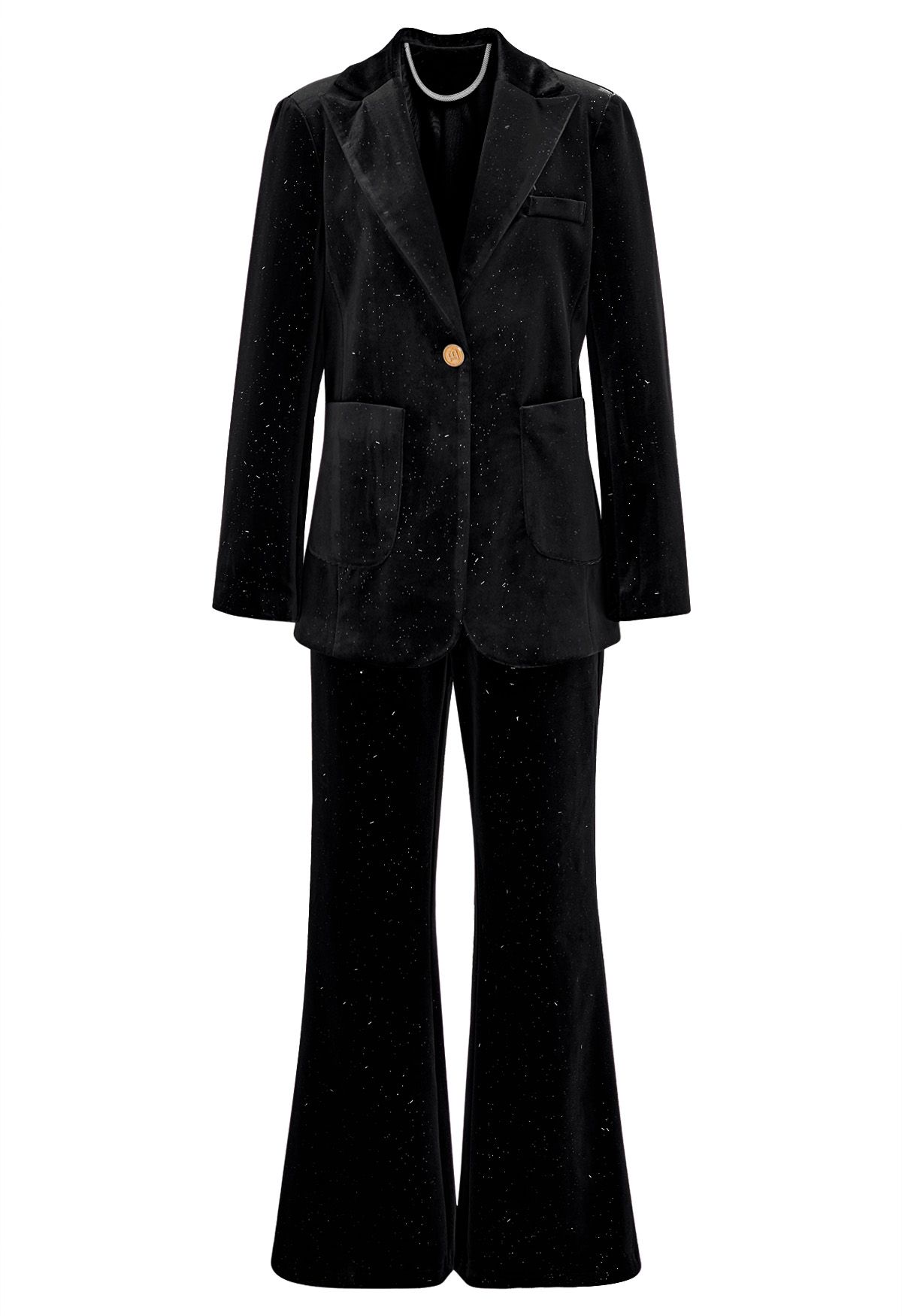 Glittering Peaked Lapel Velvet Blazer and Pants Set in Black