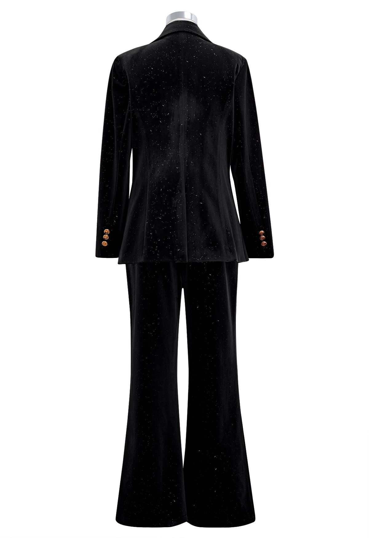 Glittering Peaked Lapel Velvet Blazer and Pants Set in Black