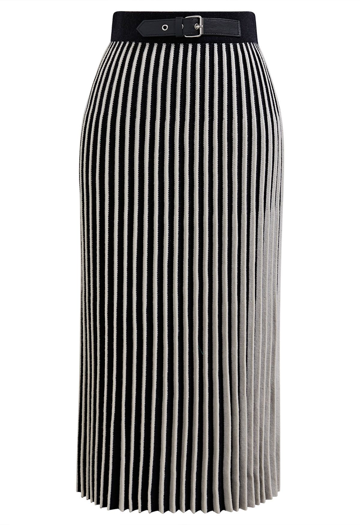 Belt Decorated Striped Pleated Knit Skirt in Black