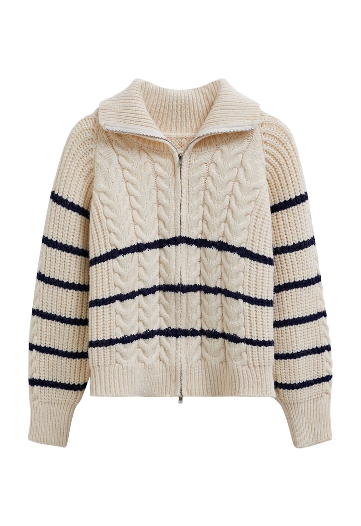 Striped Cable Knit Zip Front Sweater