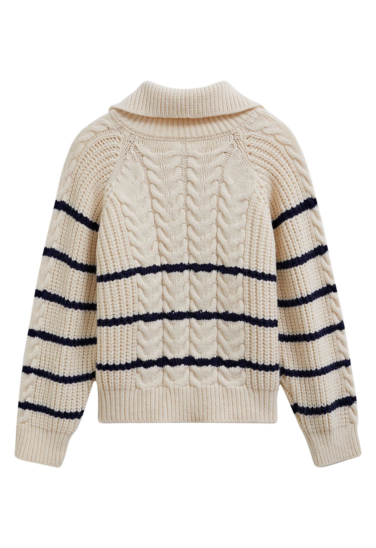 Striped Cable Knit Zip Front Sweater