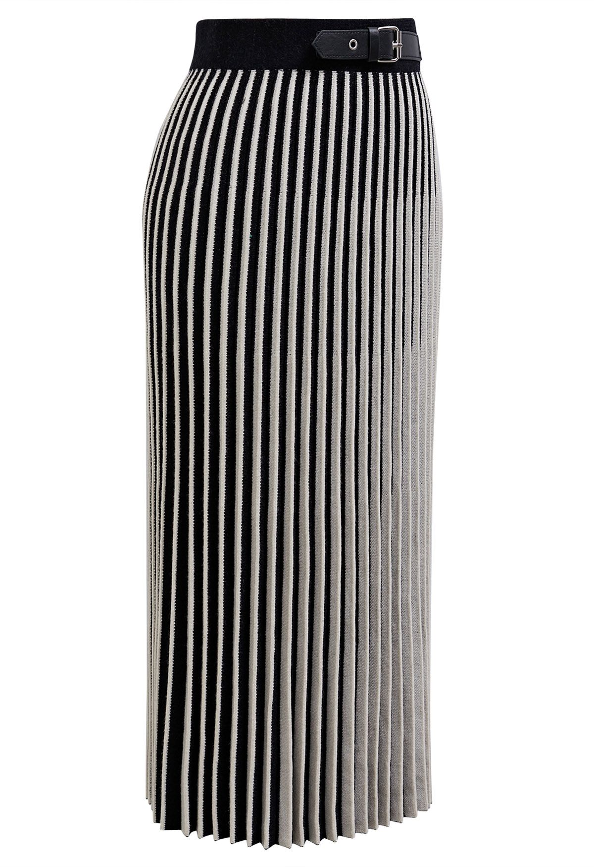 Belt Decorated Striped Pleated Knit Skirt in Black