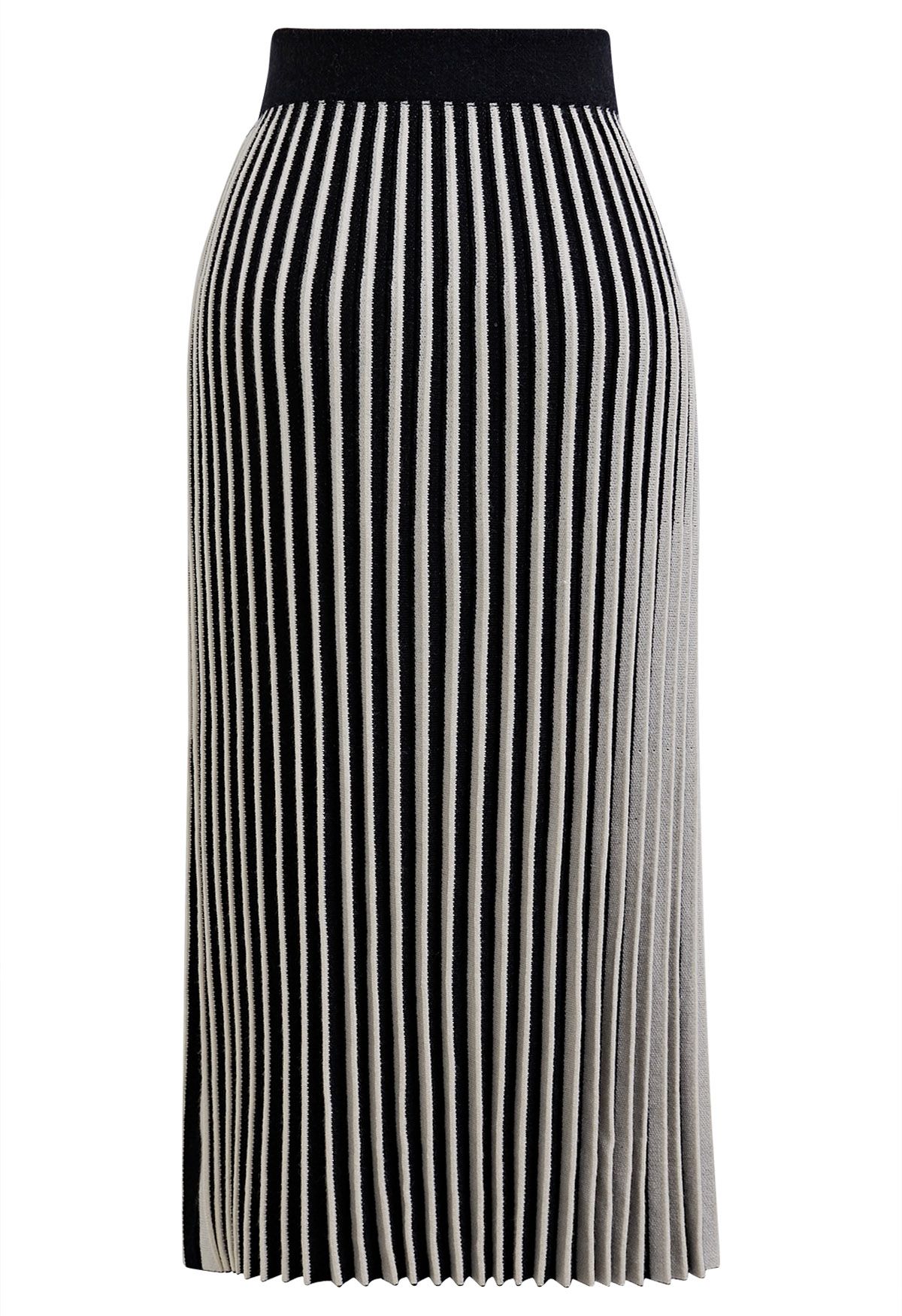 Belt Decorated Striped Pleated Knit Skirt in Black