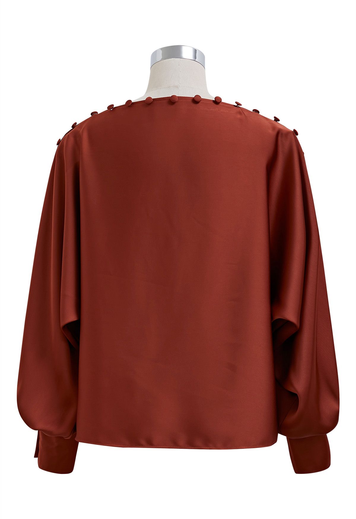 Buttoned Boat Neck Batwing Sleeves Satin Top in Rust