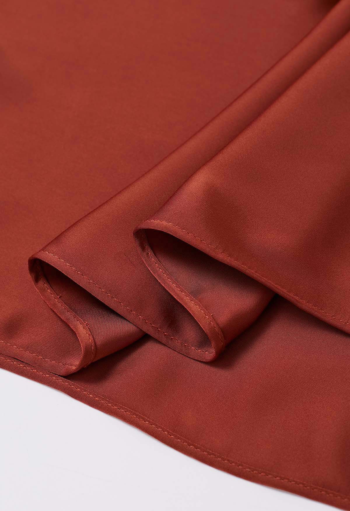 Buttoned Boat Neck Batwing Sleeves Satin Top in Rust